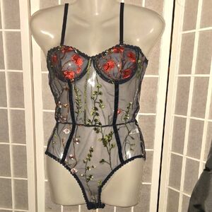 SHEIN Floral Embroidered Sheer Bodysuit NWOT
